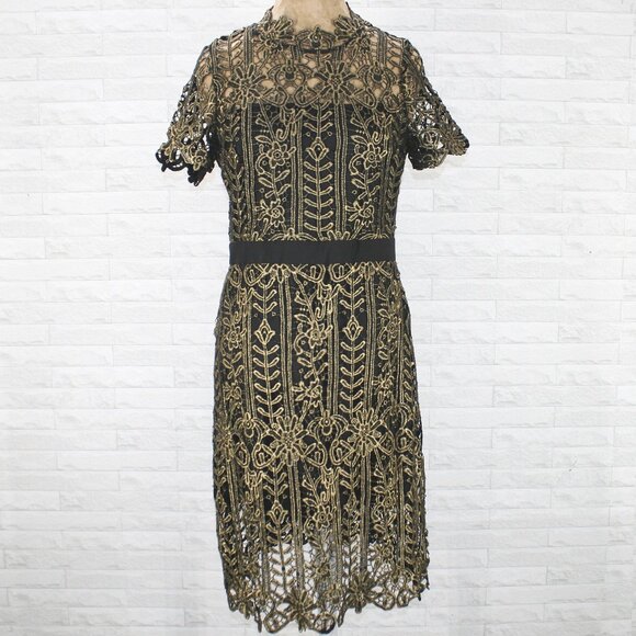 JUST ME Dress Lace Cut Out Floral Midi Cocktail Dark Romance Black Gold Large - Picture 1 of 15